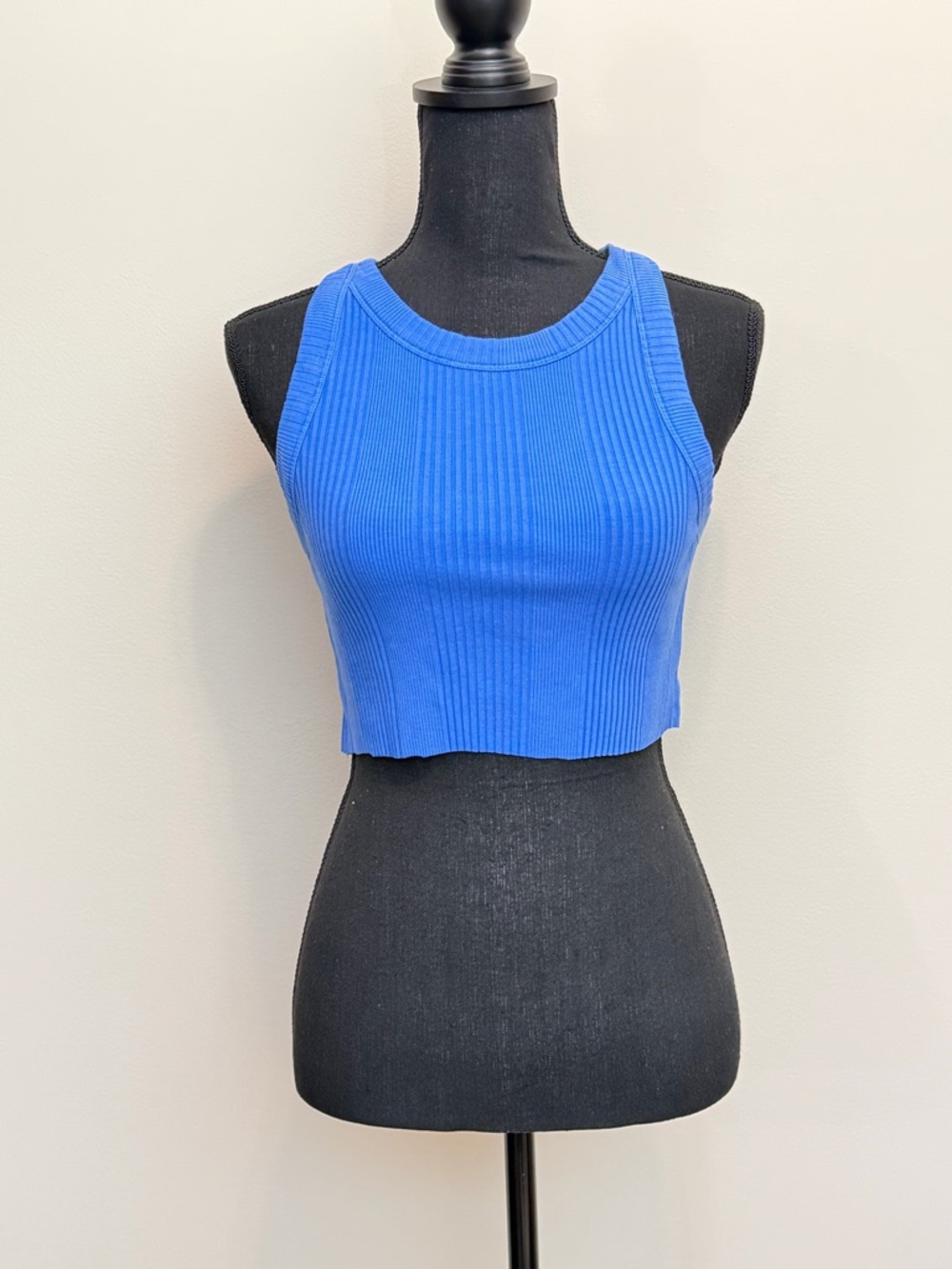 Aerie Textured Free Spirit Ribbed Tank Top Women S Cropped Blue RawHem Crew Cozy
